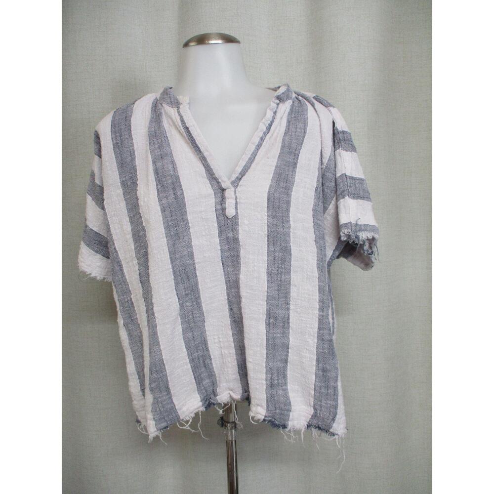 NAMSAR White Grey Blue Striped  Frayed Edges Short Sleeve Top blouse shirt OS